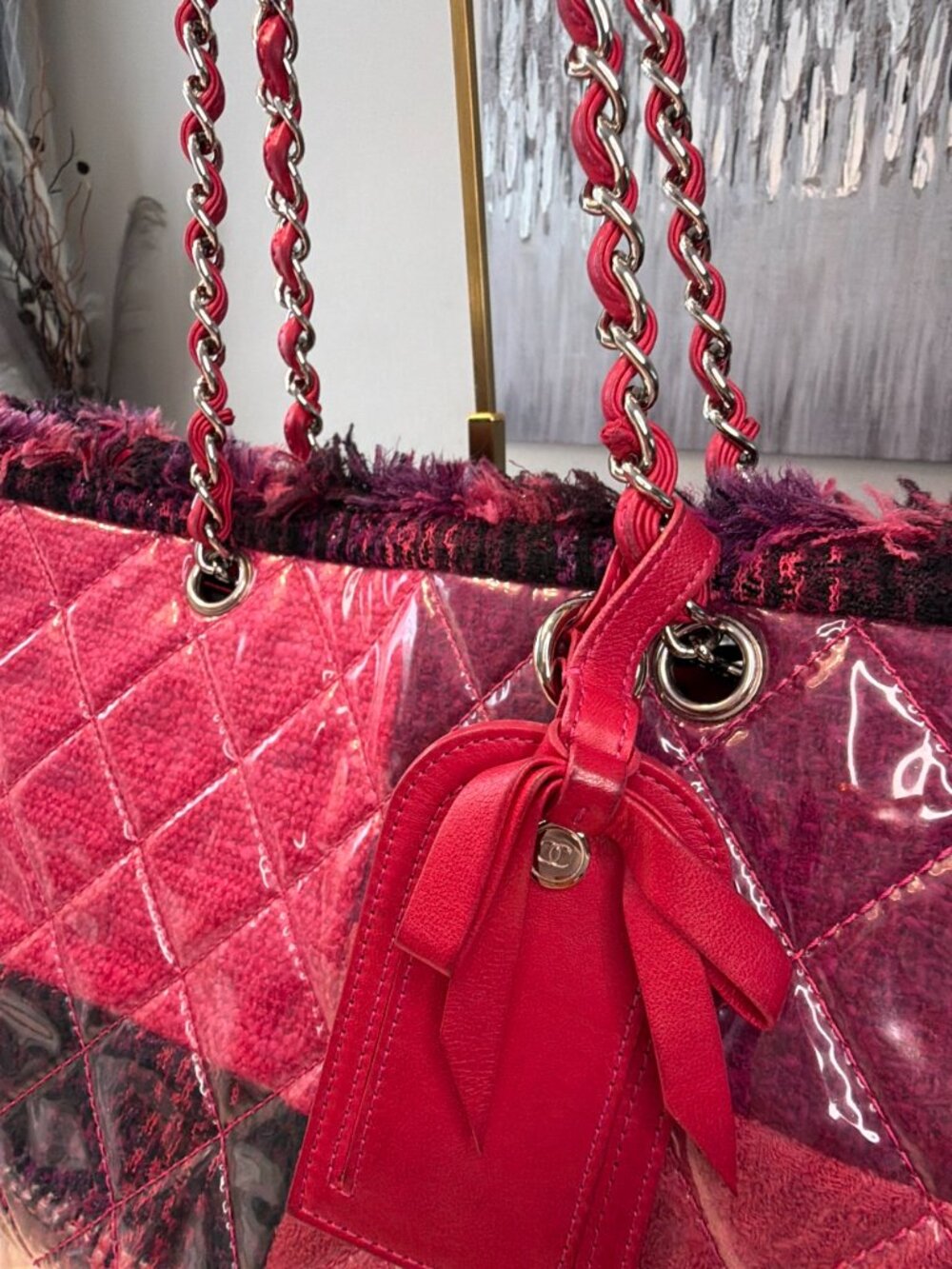 Authentic Chanel Funny Tweed Patchwork Tote Pink Purple Leather Chain Bag - Picture 6 of 16